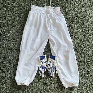 Boys baseball pants and Under Armour gloves